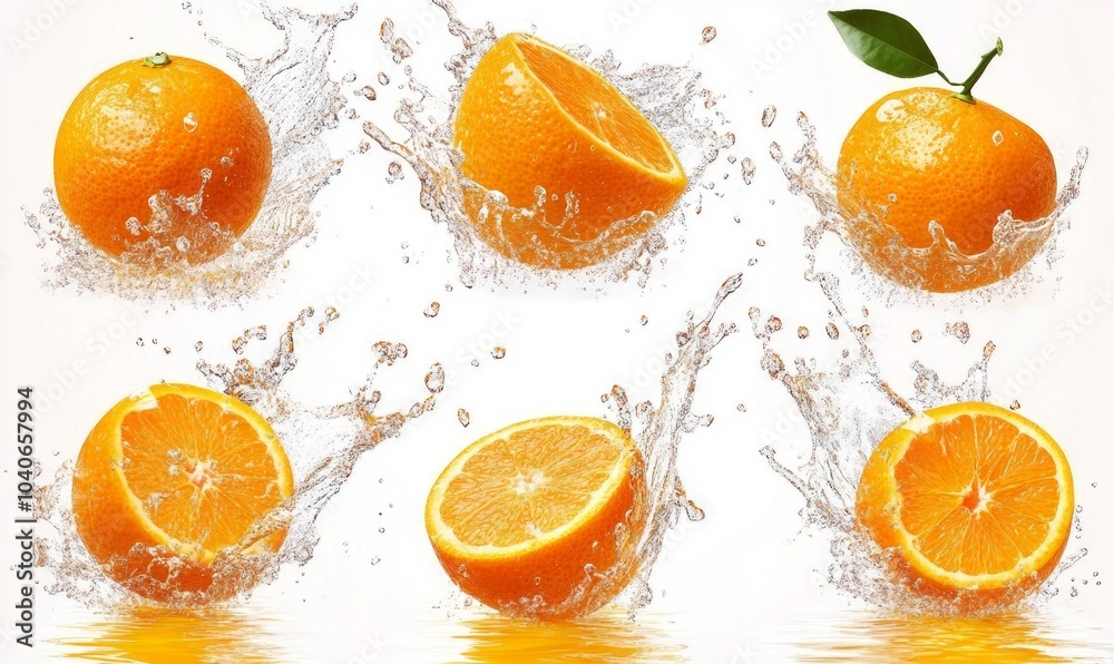 Set of fresh delicious oranges splashing Set of fresh delicious oranges splashing