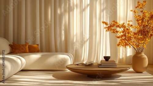Minimalist living room interior with a white sofa, a wooden coffee table, and a vase with yellow flowers.