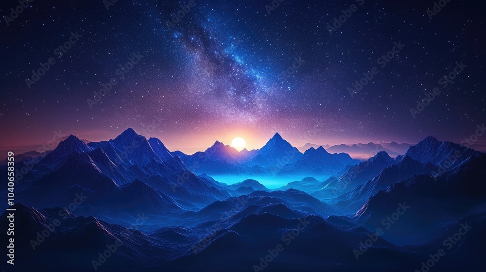 3D cartoon depiction of a night landscape featuring a starry sky with the Milky Way above mountains and a rising moon illuminating the peaks 3D cartoon depiction of a night landscape featuring a starry sky with the Milky Way above mountains and a rising moon illuminating the peaks