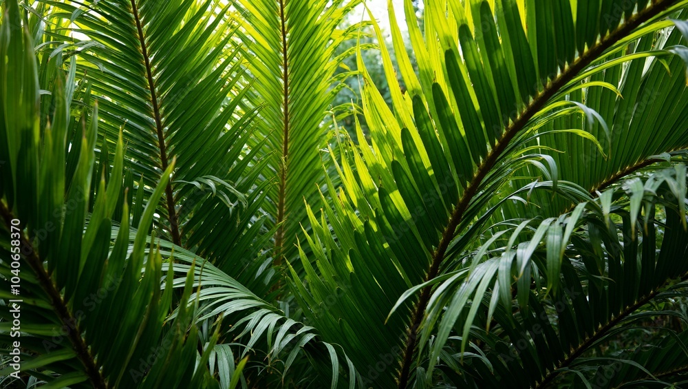 Lush tropical palm leaves forming a vibrant green canopy in soft sunlight Lush tropical palm leaves forming a vibrant green canopy in soft sunlight