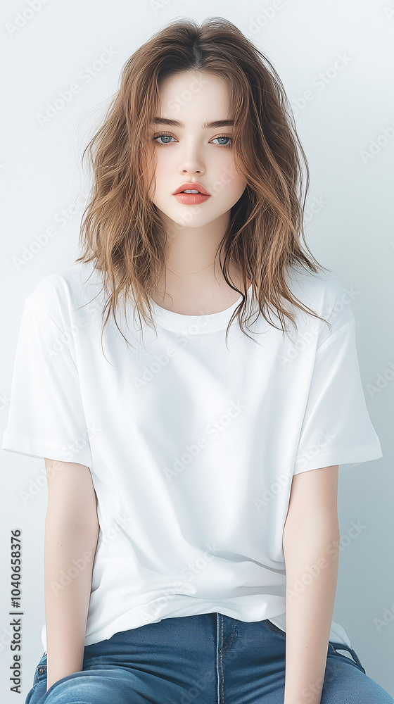 attractive woman modeling a white t-shirt against a light background. White t-shirt mockup. 