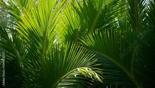 Lush tropical palm leaves forming a vibrant green canopy in soft sunlight