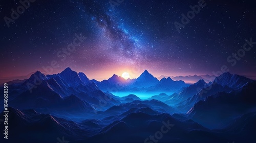 3D cartoon depiction of a night landscape featuring a starry sky with the Milky Way above mountains and a rising moon illuminating the peaks