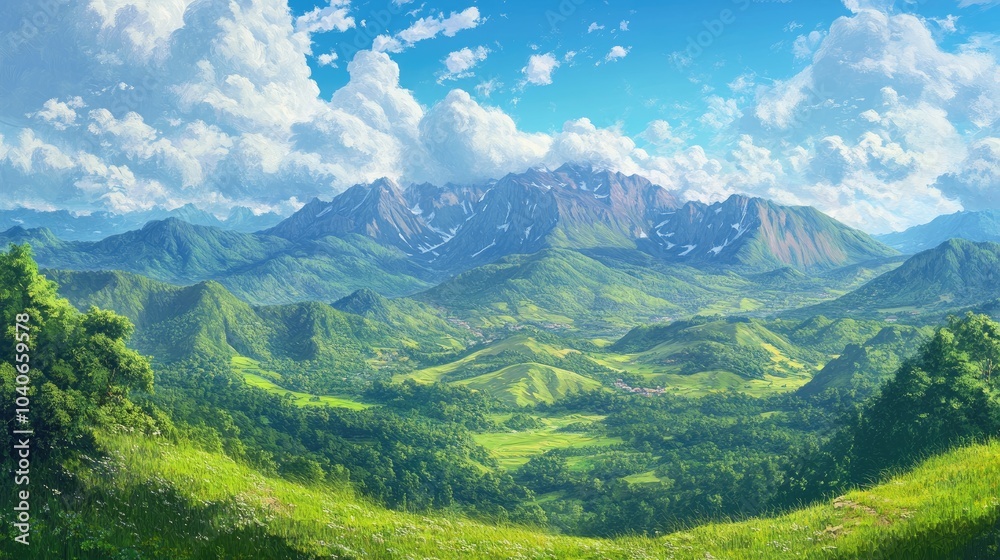 Fototapeta premium Panoramic painting of a mountain view in a national park showcasing the stunning landscape of rolling hills and lush greenery
