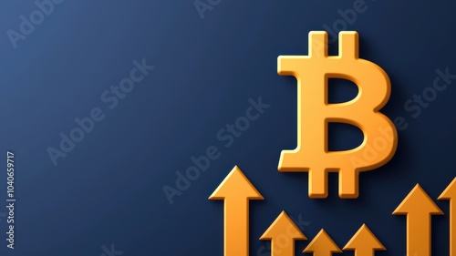 A golden Bitcoin symbol with upward arrows on a dark blue background, representing growth and investment in cryptocurrency.