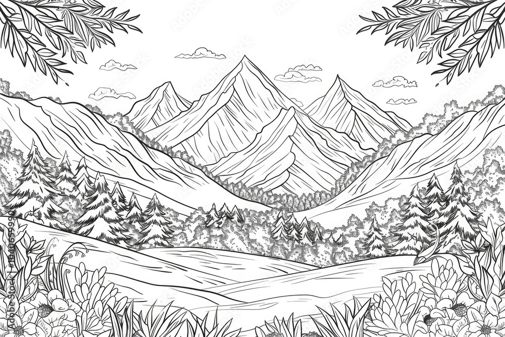 Coloring book illustration of vibrant autumn mountains and peaks Coloring book illustration of vibrant autumn mountains and peaks