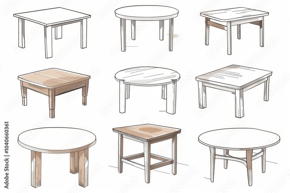 Tables sketched set, different line drawing desks, square and round tables, furniture doodles Tables sketched set, different line drawing desks, square and round tables, furniture doodles