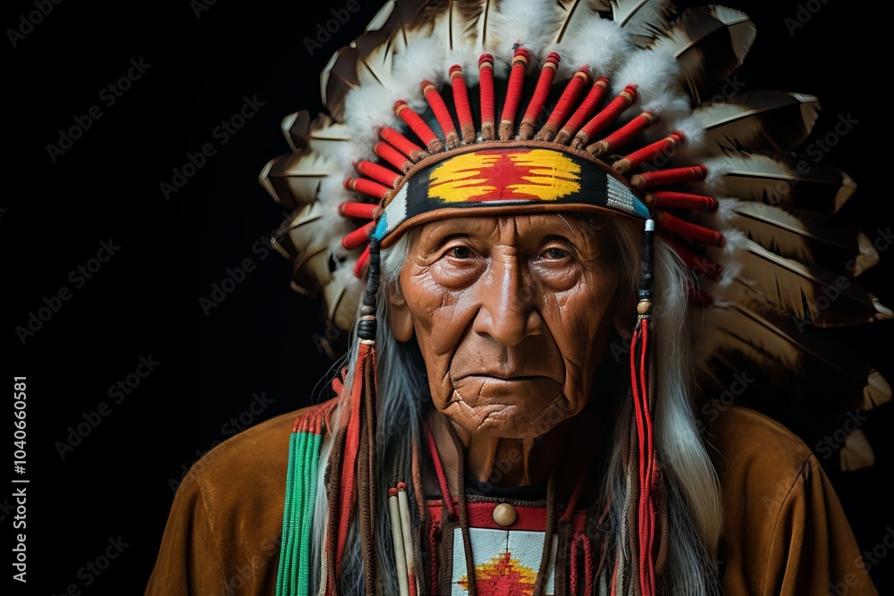 Traditional Native American elder wears a feathered headdress inside a dimly lit setting Traditional Native American elder wears a feathered headdress inside a dimly lit setting