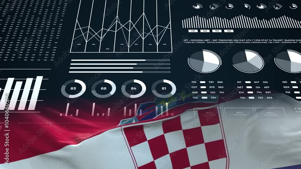 Croatia flag - Waving flag on report analytics data statement Croatia flag - Waving flag on report analytics data statement