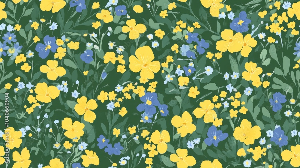 Ditsy fabric design featuring yellow and blue tiny flowers on a green background seamless pattern Bohemian floral motif in hand drawn doodle style Elegant wrapping paper Summer meadow wallpaper Ditsy fabric design featuring yellow and blue tiny flowers on a green background seamless pattern Bohemian floral motif in hand drawn doodle style Elegant wrapping paper Summer meadow wallpaper