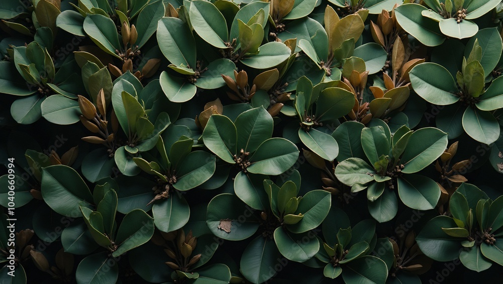 Fototapeta premium Luxurious magnolia leaves creating a dense lush pattern on dark backdrop