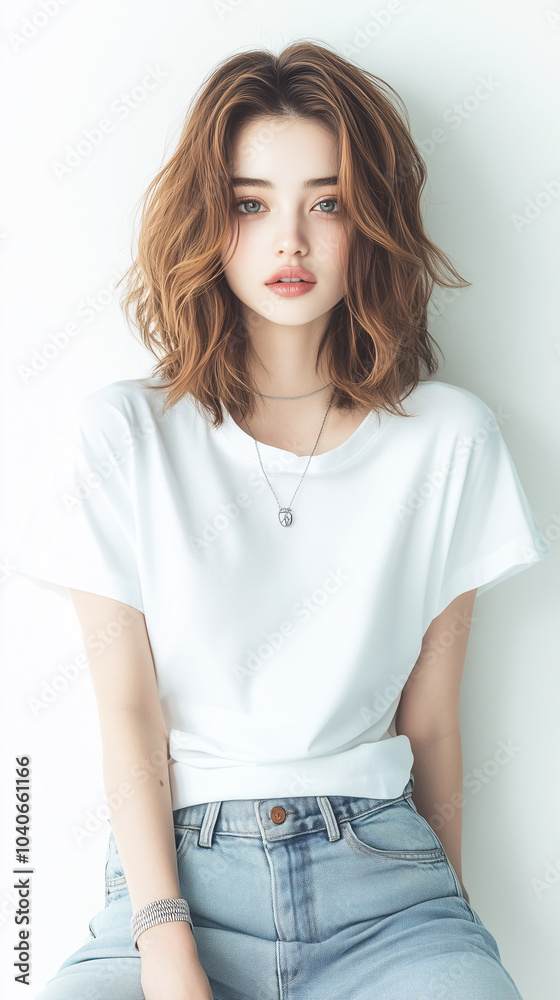 attractive woman modeling a white t-shirt against a light background. White t-shirt mockup. attractive woman modeling a white t-shirt against a light background. White t-shirt mockup.