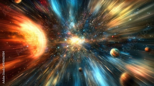 Abstract zoom blur depicting concepts of time travel light speed and the universe featuring galaxies and planets ideal for science fiction themed wallpapers photo