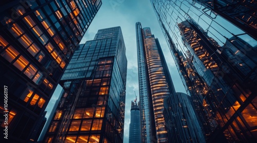 Stunning skyscrapers seen from below in a vibrant cityscape with modern architecture and glowing windows reflecting the evening light.