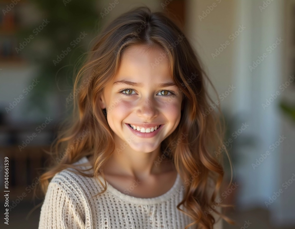 A young Caucasian girl with beautiful eyes and wavy hair stands smiling softly. Her playful demeanor shines through as she poses in a cozy indoor setting in France. Generative AI A young Caucasian girl with beautiful eyes and wavy hair stands smiling softly. Her playful demeanor shines through as she poses in a cozy indoor setting in France. Generative AI