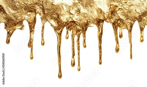 Liquid gold paint dripping down isolated on white background