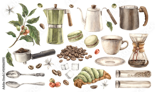 Coffee, beans, geyser coffee maker, coffee cup and croissant. Set of watercolor hand illustrations, teapot, milk jug, filter, sugar, spoon. For branding of shops, cafes and menus, coffee packaging photo