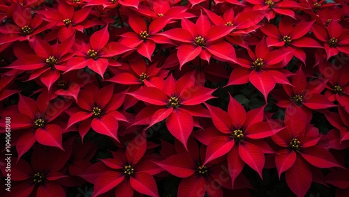 Festive holiday background with vibrant red poinsettia leaves in bold pattern