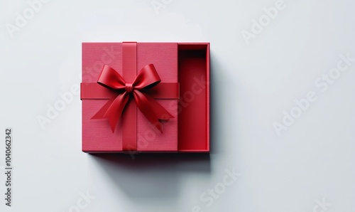 Open red gift box or red present box with red ribbons and bow isolated on white background with shadow