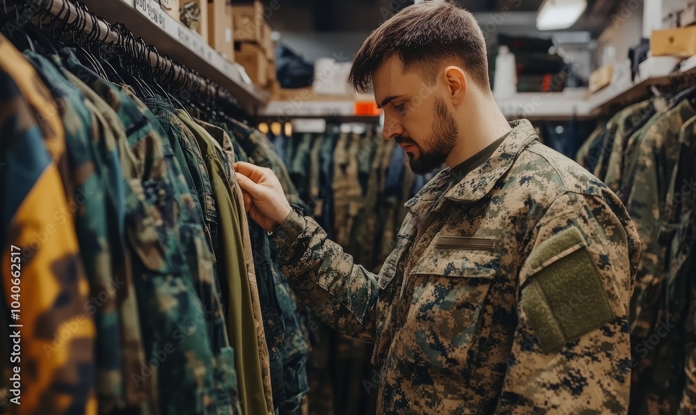 Fototapeta premium Military man choosing camouflage clothes in army store