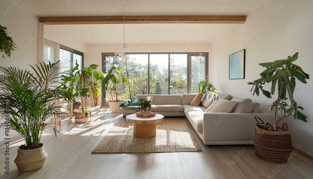 Fototapeta premium モダンな家具と観葉植物が配置され、自然光が差し込んでいるリビングルーム