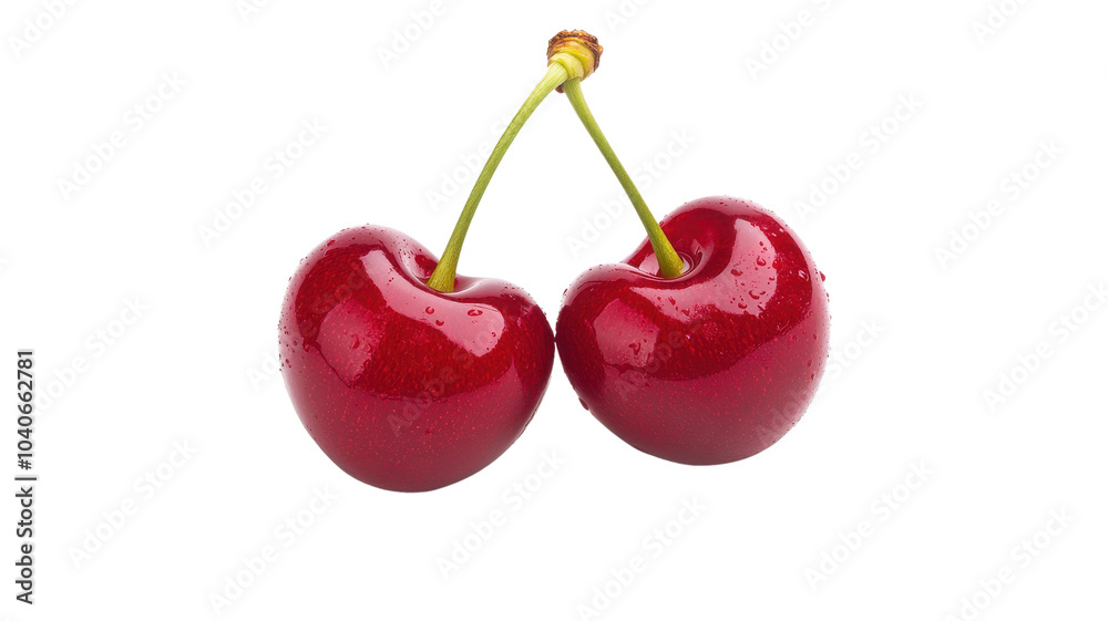 Fresh red cherries on a stem, showcasing their vibrant color and juicy appearance, perfect for food-related themes isolated on transparent background. Fresh red cherries on a stem, showcasing their vibrant color and juicy appearance, perfect for food-related themes isolated on transparent background.