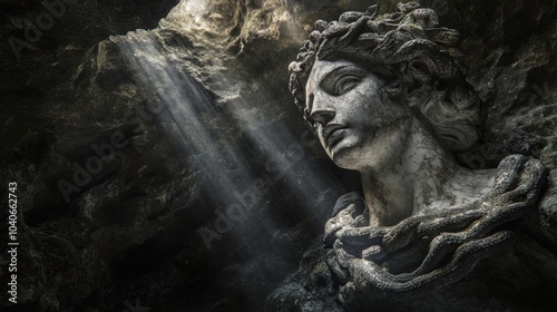 A Majestic Stone Face in a Dark Cave with Light Rays, Capturing a Blend of Nature and Art