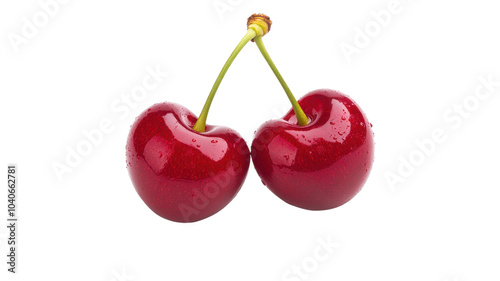 Fresh red cherries on a stem, showcasing their vibrant color and juicy appearance, perfect for food-related themes isolated on transparent background.