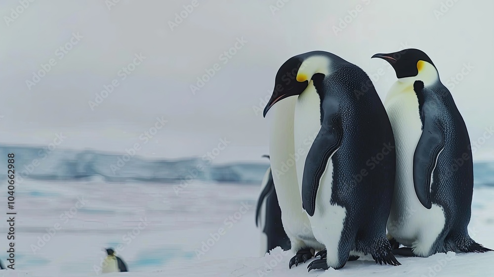 Obraz premium A group of emperor penguins huddling together on the Antarctic ice, surrounded by a snowy expanse and icy blue waters in the distance