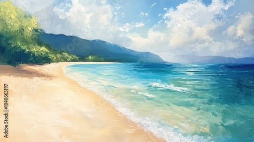 Oil painting depicting a picturesque beach scene with clear waters and soft sand showcasing natural beauty and tranquility