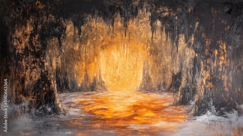 Abstract oil painting featuring a blend of icy textures and warm amber tones creating a captivating cave like atmosphere