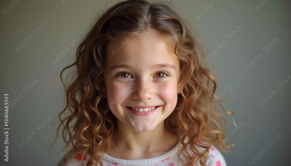 A young Caucasian girl with beautiful eyes and wavy hair stands smiling softly. Her playful demeanor shines through as she poses in a cozy indoor setting in France. Generative AI A young Caucasian girl with beautiful eyes and wavy hair stands smiling softly. Her playful demeanor shines through as she poses in a cozy indoor setting in France. Generative AI