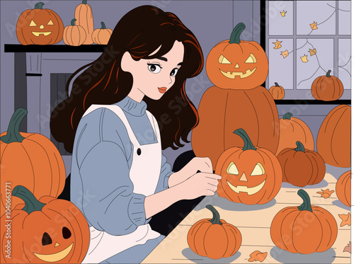 girl carving pumpkins, girl preparing for halloween,
