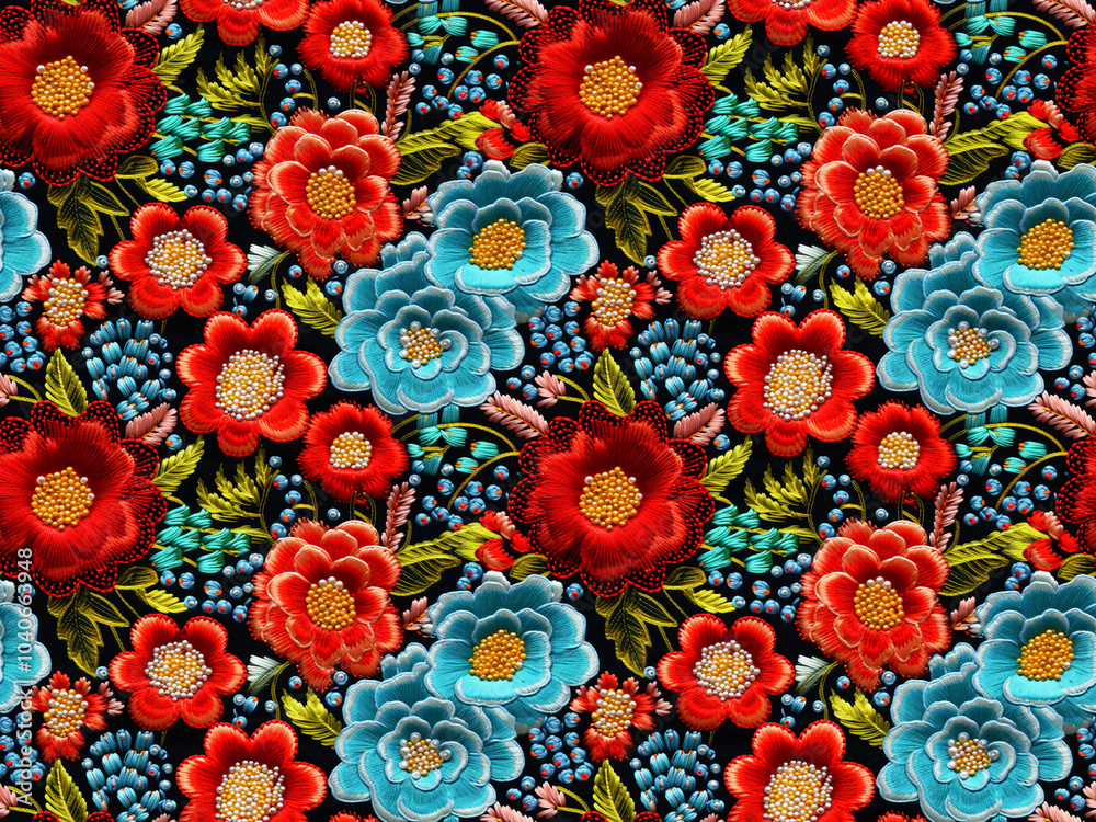 Embroidery Flower Seamless Pattern, Floral Tile with Small Beads, Embroidered Beadwork Vintage Print Embroidery Flower Seamless Pattern, Floral Tile with Small Beads, Embroidered Beadwork Vintage Print