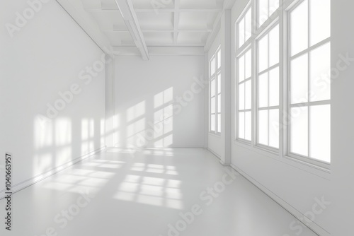 Empty White Room Background, Clean Blank Interior Mockup, Empty Space with Windows