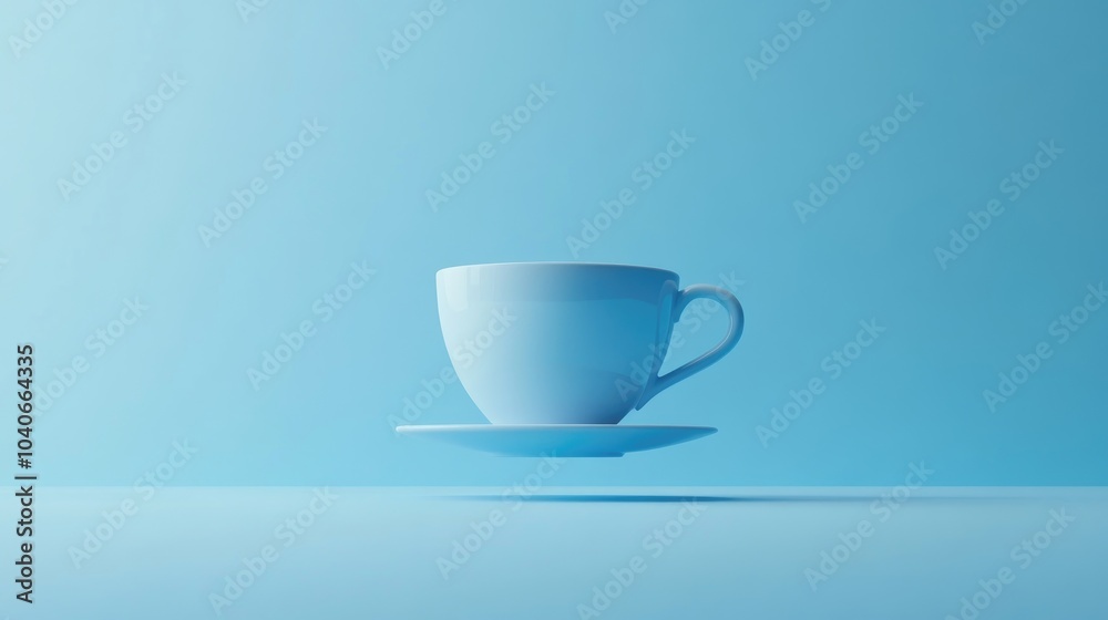 Fototapeta premium Floating blue coffee cup against a solid blue backdrop Minimalistic and creative monochrome design 3D rendering