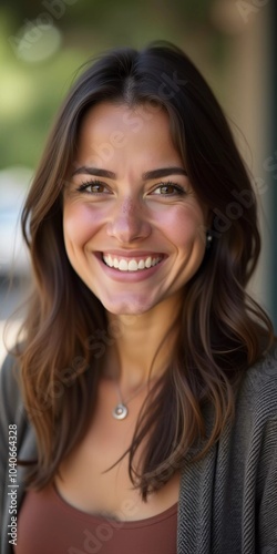 A joyful woman with long hair smiles brightly while standing outside her home in a charming French neighborhood during a sunny day. She radiates happiness. Generative AI