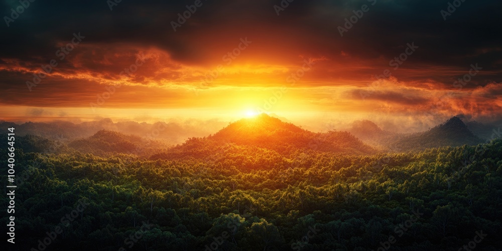 Sunset panorama atop a mountain surrounded by lush forest, Mountain sunset panorama with lush forest backdrop Sunset panorama atop a mountain surrounded by lush forest, Mountain sunset panorama with lush forest backdrop