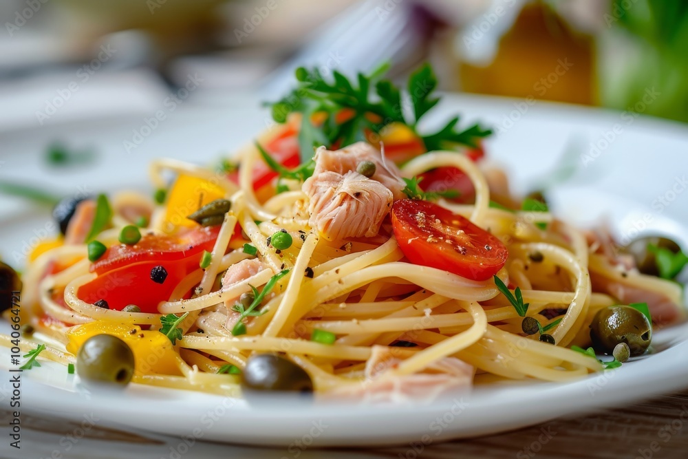Italian Spaghetti with Tuna Fillet and Vegetables on White Restaurant Plate. Fish Pasta with Canned Seafood Italian Spaghetti with Tuna Fillet and Vegetables on White Restaurant Plate. Fish Pasta with Canned Seafood