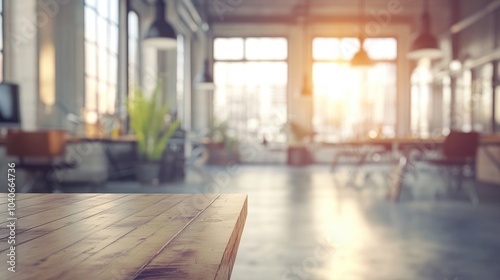 3D rendering of a modern industrial office interior with a beautiful blurred background featuring vintage tones panoramic glass partitions and a plywood floor