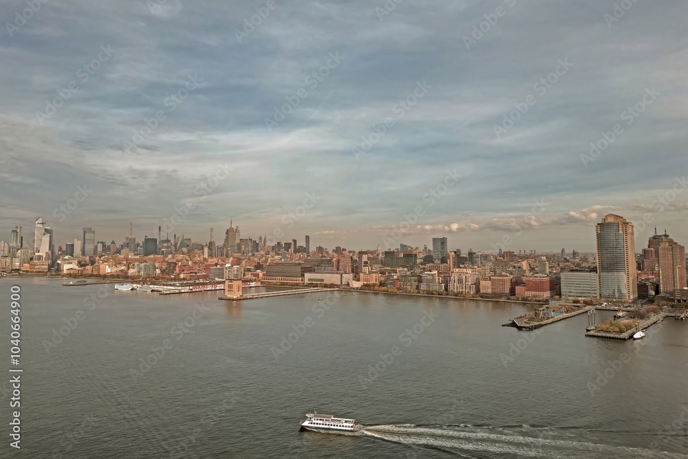 Fototapeta premium New York City skyline. Manhattan Skyscrapers in NYC, panorama from drone.