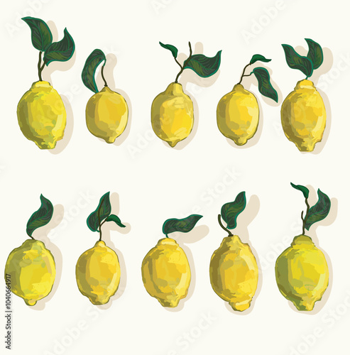 Set of lemons with leaves differnet shape realistic fruit details illustration isolated on white background