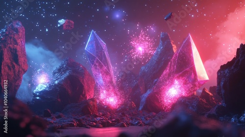 3D render of an abstract neon background featuring vibrant pink and blue fireworks a cosmic landscape with glowing triangular shapes and an energy source amidst mountains and rocks