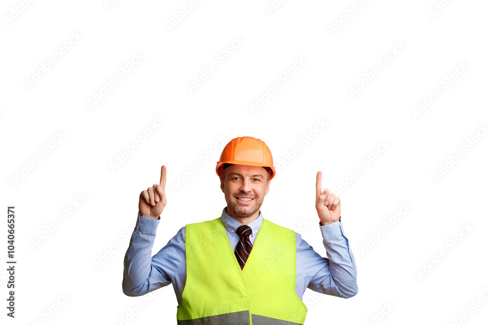 Look Up. Professional Builder Worker Pointing Fingers Upward Smiling To Camera Posing On White Studio Background. Construction Worker Advertising Building Service Concept. Panorama Look Up. Professional Builder Worker Pointing Fingers Upward Smiling To Camera Posing On White Studio Background. Construction Worker Advertising Building Service Concept. Panorama
