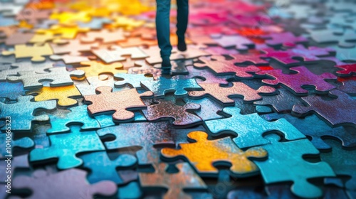 Wallpaper Mural A vibrant depiction of a person walking on a path made of puzzle pieces, with some pieces missing or misplaced, symbolizing the ongoing process of finding one’s place and purpose in modern life Torontodigital.ca