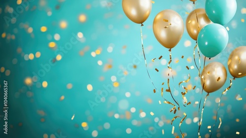 Stylish turquoise green backdrop featuring balloons and gold confetti perfect for a contemporary festive atmosphere