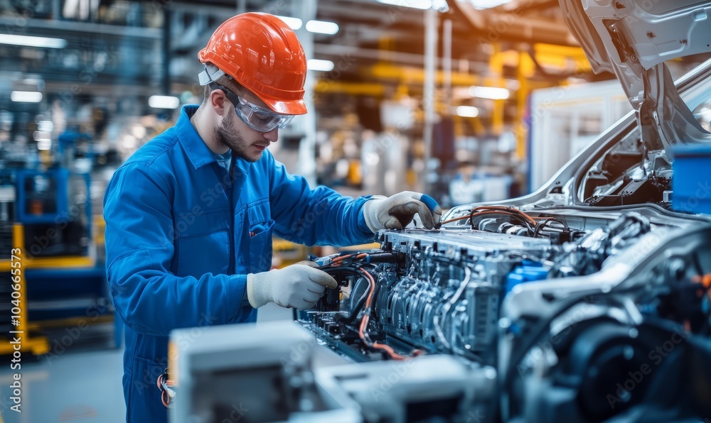 Automotive engineer working on electric car battery pack assembly line Automotive engineer working on electric car battery pack assembly line