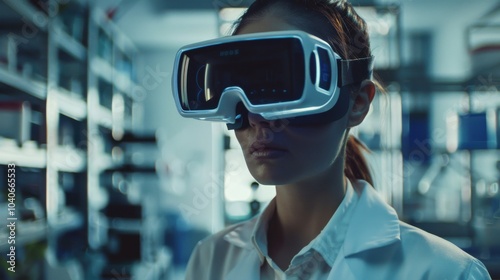 A scientist in a lab wearing futuristic goggles, surrounded by advanced technology and shelves.