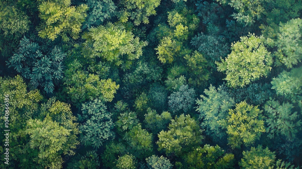 Aerial view oil painting showcasing a lush forest highlighting themes of ecosystem preservation nature conservation air quality and the importance of protecting our planet
