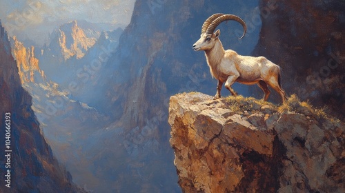 Oil painting of a stunning Sinai Ibex with long curved horns perched on a steep cliff in a dramatic landscape photo